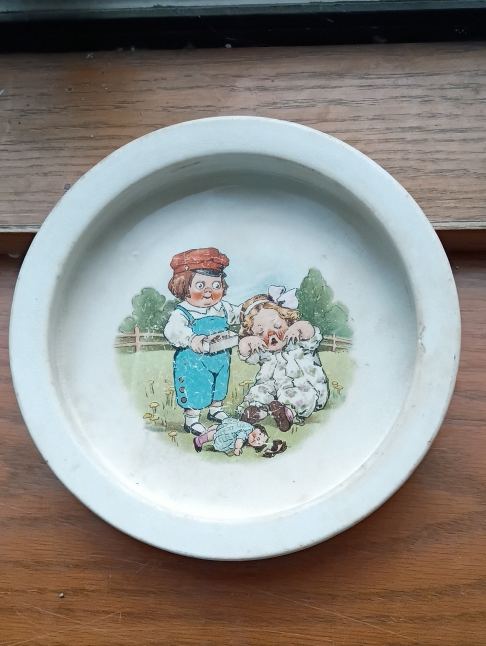 Vintage Kids Ceramic Plate with Pastel Illustration - Stamped Buffalo Pottery